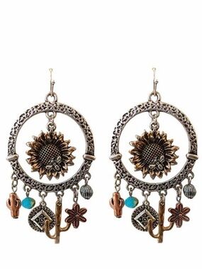 Boho Sunflower & Turquoise Dangle Earrings - Mixed Metal